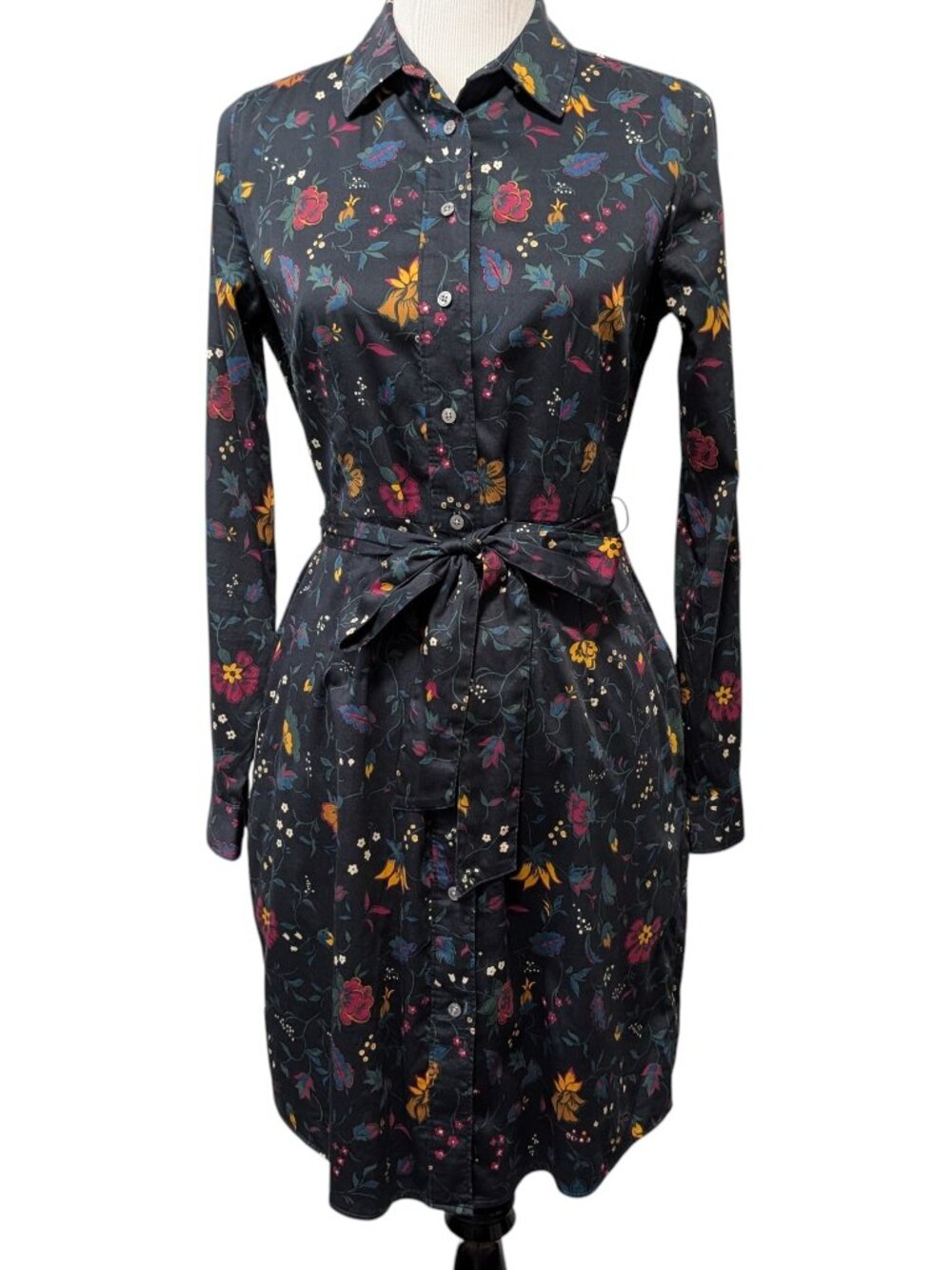 Untuckit Womens Sz 4 Ellery Black Floral Waist Tie Side Pockets L/S Shirt Dress